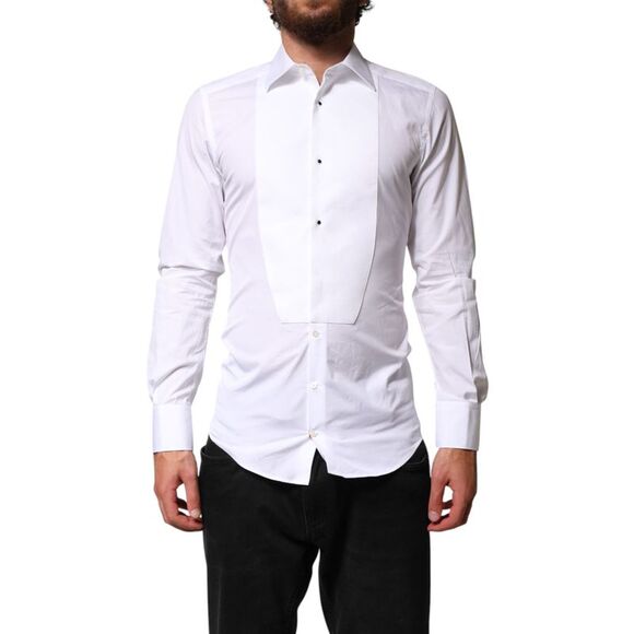 Dolce & Gabbana White Cotton GOLD Collared Dress Bib Formal Men's Shirt
